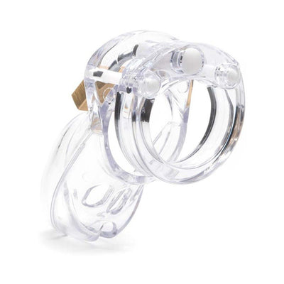Clear transparent male chastity device with locking mechanism and ergonomic design for comfort and security.