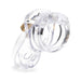 Clear transparent male chastity device with locking mechanism and ergonomic design for comfort and security.