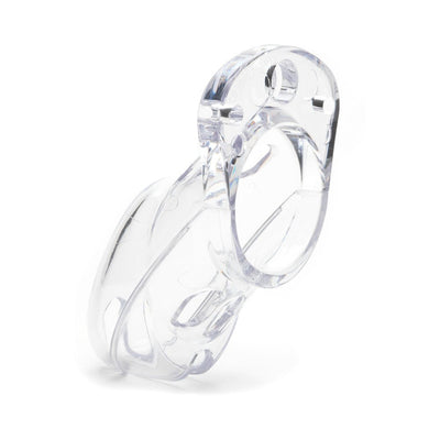 Clear medical-grade polycarbonate male chastity cage with ergonomic design and ventilation slots.