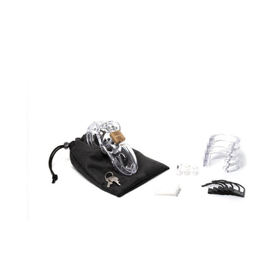Clear male chastity cage kit with adjustable rings, locks, keys, and black storage pouch on white background.