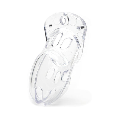 Clear medical-grade polycarbonate male chastity cage with ventilation slots and ergonomic design.