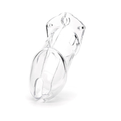 Clear medical-grade polycarbonate male chastity device cage with vented design and locking holes.