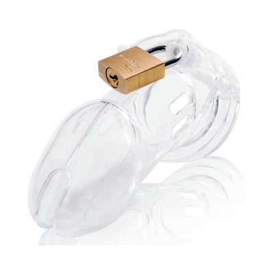 Clear medical-grade polycarbonate male chastity device with brass lock and vented design.