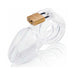 Clear medical-grade polycarbonate male chastity device with brass lock and vented design.