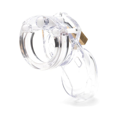 Clear medical-grade polycarbonate male chastity device with locking mechanism and vented design for comfort and hygiene.