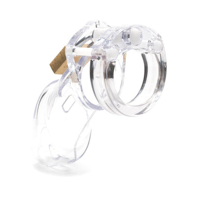 Clear medical-grade polycarbonate male chastity device with lock and vented cage design.