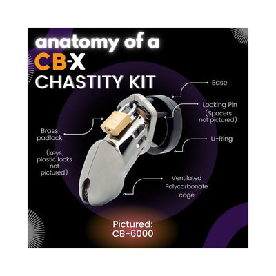 Diagram of CB-6000 male chastity device highlighting base, locking pin, U-ring, ventilated polycarbonate cage, and brass padlock.