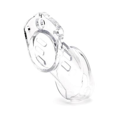 Clear medical-grade polycarbonate male chastity device with vented cage and secure locking ring design.
