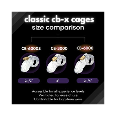 Comparison chart showing three clear male chastity cages CB-6000S 2.5 inch, CB-3000 3 inch, and CB-6000 3.25 inch with features listed below.