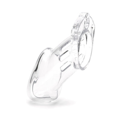 Clear medical-grade polycarbonate male chastity device with vented cage and adjustable ring design.