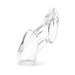 Clear medical-grade polycarbonate male chastity device with vented cage and adjustable ring design.