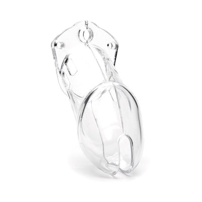 Clear medical-grade polycarbonate male chastity device with vented cage and locking mechanism slots.