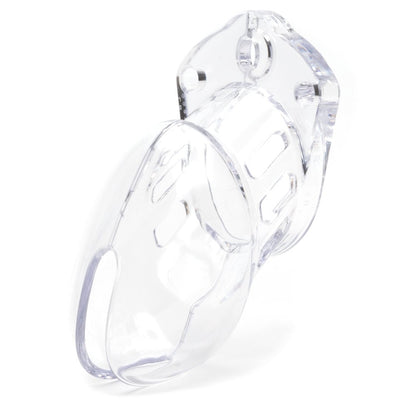 Clear medical-grade polycarbonate male chastity device with vented cage and locking ring design.