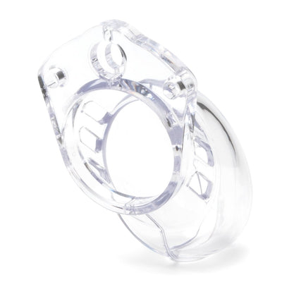 Clear medical-grade polycarbonate male chastity device with vented cage and locking mechanism.