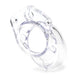 Clear medical-grade polycarbonate male chastity device with vented cage and locking mechanism.