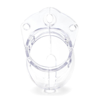 Clear medical-grade polycarbonate male chastity cage with vented design and locking holes, shown against white background.