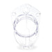 Clear medical-grade polycarbonate male chastity cage with vented design and locking holes, shown against white background.
