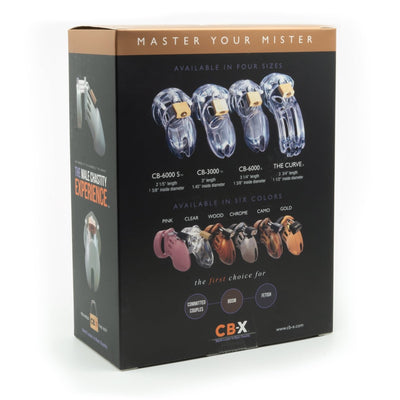 Packaging box for CB-X male chastity devices showing four sizes and six color options with product images and branding details.