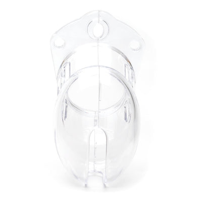 Clear medical-grade polycarbonate male chastity cage with vented design and locking holes for secure fit.
