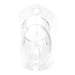 Clear medical-grade polycarbonate male chastity cage with vented design and locking holes for secure fit.