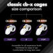 Comparison image showing three clear male chastity cages CB-6000S, CB-3000, and CB-6000 with sizes 2.5, 3, and 3.25 inches.