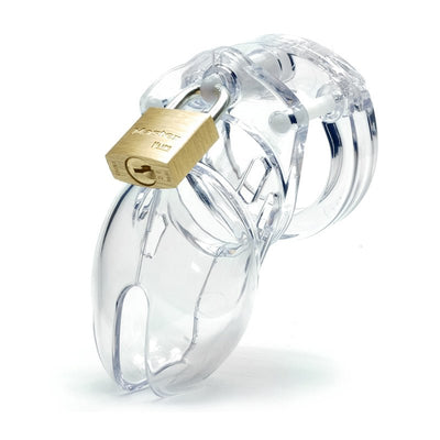 Clear male chastity device with brass padlock, designed for comfort and secure fit with vented cage and locking pins.