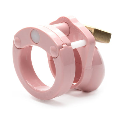 Compact pink male chastity cage with locking mechanism and vented design for comfort and hygiene.