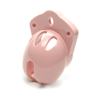 Compact pink male chastity cage with vented design and secure locking base plate.