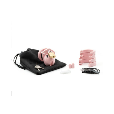Pink male chastity cage kit with multiple ring sizes, lock, keys, spacers, and black storage pouch on white background.