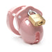 Compact pink male chastity cage with vented design and brass lock on white background.