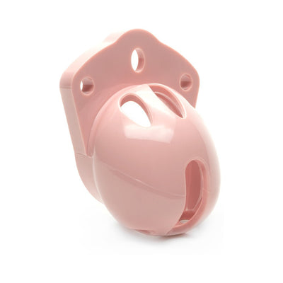 Compact pink male chastity cage with vented design and secure locking base plate.