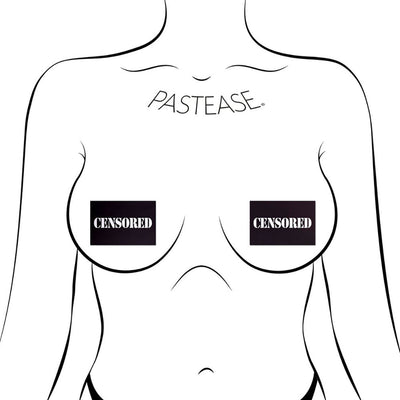 Illustration of a torso wearing black rectangular pasties labeled "CENSORED" covering the nipples.