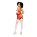 Woman modeling ruby red chainette fringe bralette set with matching garter and white thigh-high stockings.