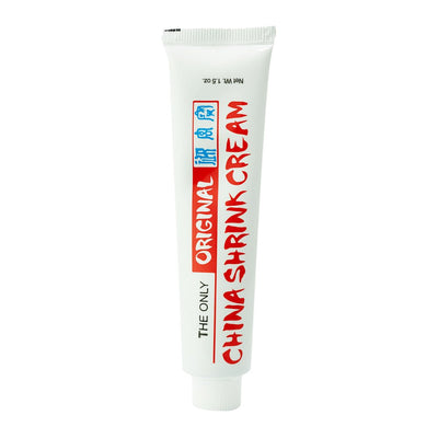 Tube of China Shrink Cream .5oz with white packaging and red and blue text on a white background.