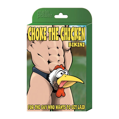 Packaging of Choke the Chicken Bikini featuring cartoon muscular man wearing black bikini with a playful chicken head design.