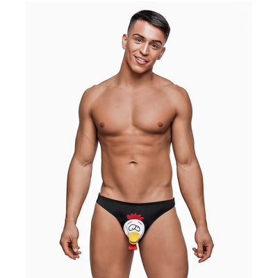 Man wearing a black cheeky bikini with a playful cartoon chicken face design on the front.