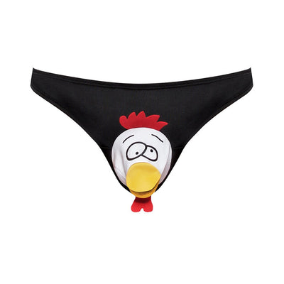 Black men's bikini with a playful cartoon chicken face design on the front pouch.