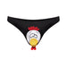 Black men's bikini with a playful cartoon chicken face design on the front pouch.