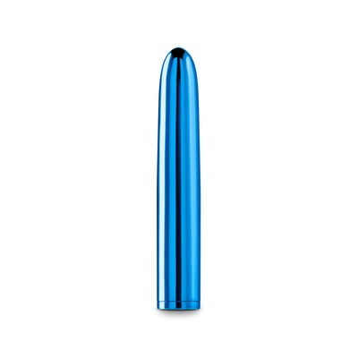 Sleek metallic blue 7-inch rechargeable vibrator with smooth rounded tip and compact design.