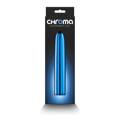 Blue metallic 7-inch rechargeable Chroma vibrator in sleek black packaging with logo and product name.