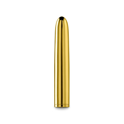 Sleek gold-colored 7-inch rechargeable vibrator with smooth, polished surface and rounded tip.