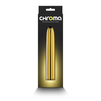Gold metallic 7-inch Chroma rechargeable vibrator in black retail packaging with yellow glow background.
