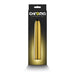 Gold metallic 7-inch Chroma rechargeable vibrator in black retail packaging with yellow glow background.