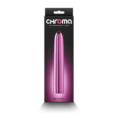 Packaging of NS Novelties Chroma 7-inch rechargeable vibrator in metallic pink color with black background.