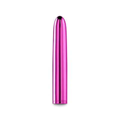 Sleek metallic pink 7-inch rechargeable vibrator with smooth rounded tip and polished finish.