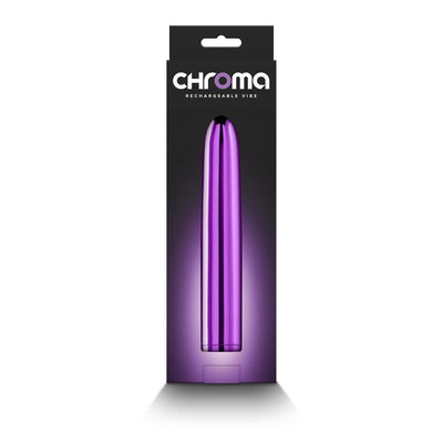 Purple sleek 7-inch rechargeable Chroma vibrator in black packaging with glowing purple background.