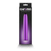 Purple sleek 7-inch rechargeable Chroma vibrator in black packaging with glowing purple background.