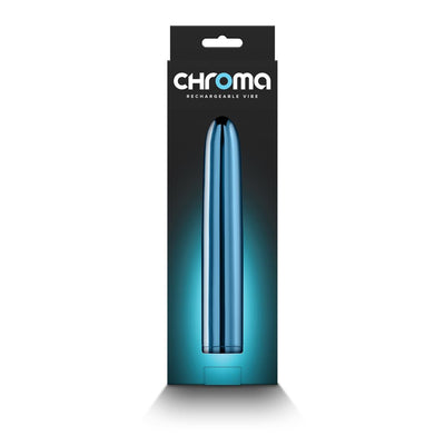 Blue metallic 7-inch Chroma rechargeable vibrator in black retail packaging with glowing blue background.