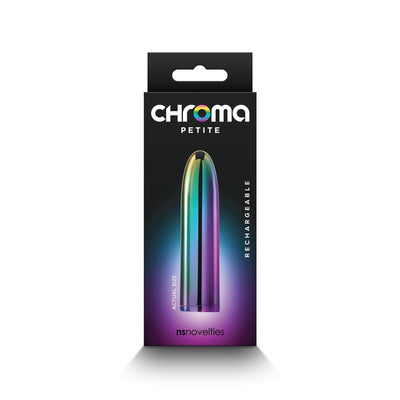 Packaging of Chroma Petite Bullet vibrator in multi-color metallic finish, rechargeable and compact size.