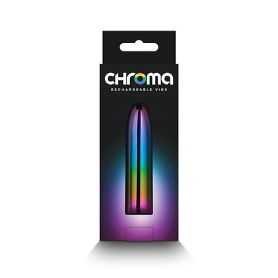 Chroma Petite Bullet rechargeable vibe in sleek multi-color gradient packaging with black background.